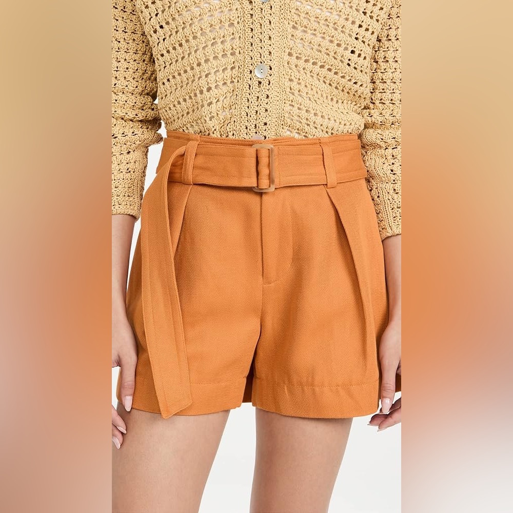 Vince Orange Belted Twill Linen-Blend High Waisted Shorts size 2